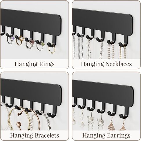 Wall-Mounted Jewelry Organizer, Self-Adhesive Hanging Holder with Hooks for Necklaces, Bracelets, Earrings - Display Storage for Women, 2PCS, Black in Saudi Arabia