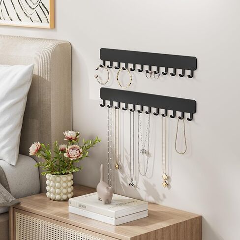 Wall-Mounted Jewelry Organizer, Self-Adhesive Hanging Holder with Hooks for Necklaces, Bracelets, Earrings - Display Storage for Women, 2PCS, Black in Saudi Arabia