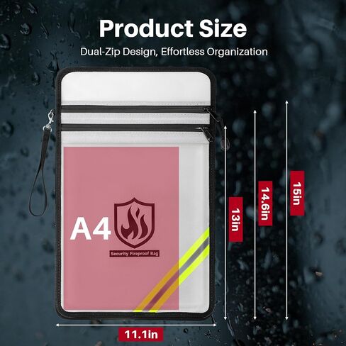 Fireproof Document Bag, 15 x 11 Inch Waterproof Documents Holder 2000℉ Safe for Important File Money Cash Legal Papers, Two Pockets Dual Zippered File Bag with Hand-held Strap & Reflective Strip in Kuwait