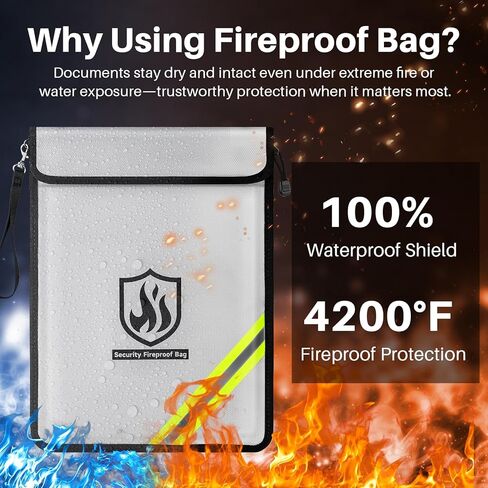 Fireproof Document Bag, 15 x 11 Inch Waterproof Documents Holder 2000℉ Safe for Important File Money Cash Legal Papers, Two Pockets Dual Zippered File Bag with Hand-held Strap & Reflective Strip in Kuwait