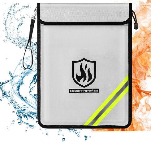 Fireproof Document Bag, 15 x 11 Inch Waterproof Documents Holder 2000℉ Safe for Important File Money Cash Legal Papers, Two Pockets Dual Zippered File Bag with Hand-held Strap & Reflective Strip in Kuwait