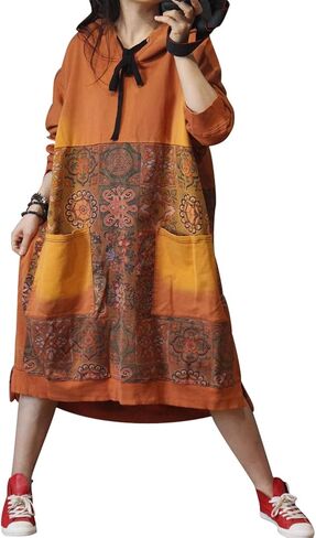 سترات Duberess النسائية الكاجوال الفضفاضة ذات القلنسوة والزهور العرقية، سترات بأكمام طويلة مع جيوب (as1، alpha، l، xx_l، عادي، عادي، برتقالي الطراز 1) in Kuwait