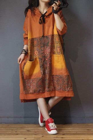 سترات Duberess النسائية الكاجوال الفضفاضة ذات القلنسوة والزهور العرقية، سترات بأكمام طويلة مع جيوب (as1، alpha، l، xx_l، عادي، عادي، برتقالي الطراز 1) in Kuwait