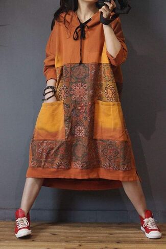 سترات Duberess النسائية الكاجوال الفضفاضة ذات القلنسوة والزهور العرقية، سترات بأكمام طويلة مع جيوب (as1، alpha، l، xx_l، عادي، عادي، برتقالي الطراز 1) in Kuwait