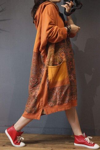 سترات Duberess النسائية الكاجوال الفضفاضة ذات القلنسوة والزهور العرقية، سترات بأكمام طويلة مع جيوب (as1، alpha، l، xx_l، عادي، عادي، برتقالي الطراز 1) in Kuwait