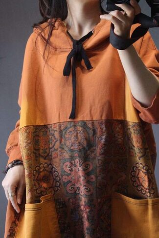 سترات Duberess النسائية الكاجوال الفضفاضة ذات القلنسوة والزهور العرقية، سترات بأكمام طويلة مع جيوب (as1، alpha، l، xx_l، عادي، عادي، برتقالي الطراز 1) in Kuwait