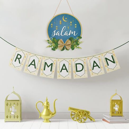 TOARTi Salam Wooden Plaque Salam Wreath Hanging Door Sign Eid Mubarak Decoration for Home Ramadan Kareem Eid Festival Supplies Eid Ramadan Gifts Ramadan Mubarak Wood Sign in Saudi Arabia