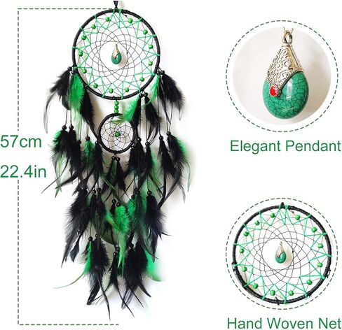 Black and Green Dream Catcher Wall Decor Feather Dream Catchers with Pendant Handmade Dreamcatcher Wall Hanging Ornament for Bedroom Living Room Home Decor in Kuwait