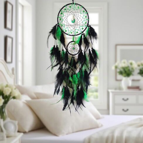 Black and Green Dream Catcher Wall Decor Feather Dream Catchers with Pendant Handmade Dreamcatcher Wall Hanging Ornament for Bedroom Living Room Home Decor in Kuwait