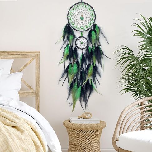 Black and Green Dream Catcher Wall Decor Feather Dream Catchers with Pendant Handmade Dreamcatcher Wall Hanging Ornament for Bedroom Living Room Home Decor in Kuwait