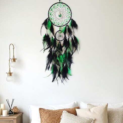 Black and Green Dream Catcher Wall Decor Feather Dream Catchers with Pendant Handmade Dreamcatcher Wall Hanging Ornament for Bedroom Living Room Home Decor in Kuwait