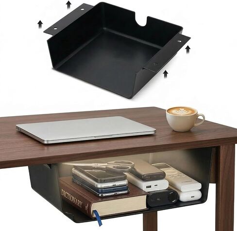 2 Pack Under Desk Hanging Shelf Drawer Organizer, Attachable Plastic Hidden Storage Tray, Easy Adhesive Mount Holder for Standing Tables, Office, Counters, Cabinets, Workstations - Black in Saudi Arabia