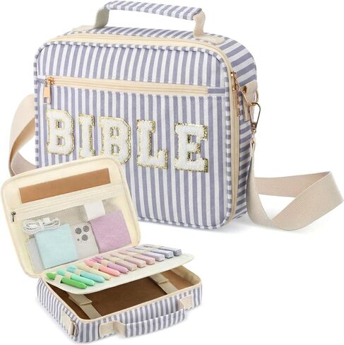 Bible Cover Case for Women Large Chenille Letter Stripe Church Bible Bag with Shoulder Strap for Women (Purple) in Kuwait