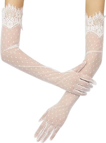 QRBTSCL قفازات نسائية من الدانتيل بطول الكوع تول أسود منقط مع زخرفة زهرية 1920s فلابر لحفلات الزفاف in Kuwait