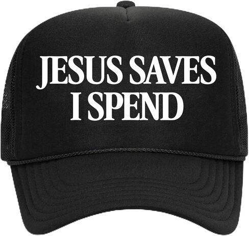 Jesus Saves I Spend Serif Polyester Hat | Premium Adjustable Snapback Mesh Back Trucker Hat for Men & Women in Saudi Arabia