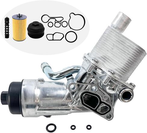 Aluminum Engine Oil Cooler Filter Housing Assembly Compatible with 2011-2021 Chevy Cruze Sonic Trax Buick Encore 1.4L Turbo Replaces 55566784 918-428 55565388 with Gasket, Filter Insert, Cap in Kuwait