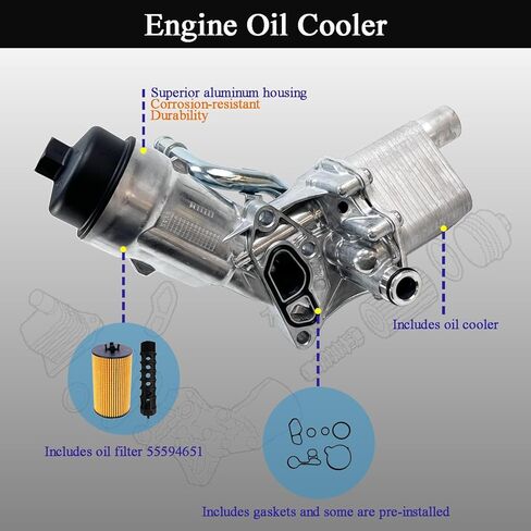 Aluminum Engine Oil Cooler Filter Housing Assembly Compatible with 2011-2021 Chevy Cruze Sonic Trax Buick Encore 1.4L Turbo Replaces 55566784 918-428 55565388 with Gasket, Filter Insert, Cap in Kuwait