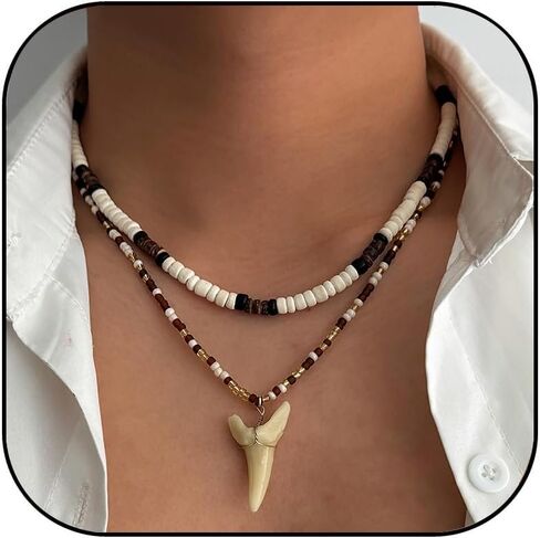 Puka Shell Necklace for Men Layered Shark Tooth Cowrie Necklace Black Brown Wood Beaded Necklaces Coconut Seashell Necklaces Hawaiian Summer Beach Jewelry Gift in Saudi Arabia