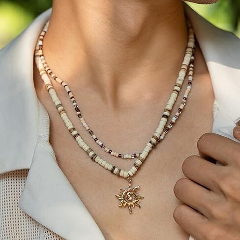 Shell Sun Necklace for Men Beaded Shell Necklace Fashionable Beach Puka Shells Necklace Jewelry in Kuwait