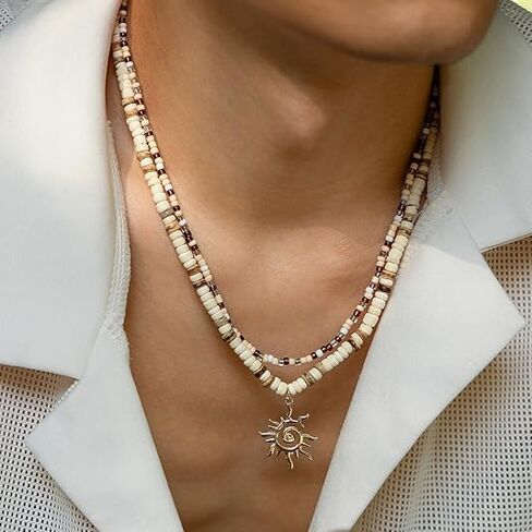 Shell Sun Necklace for Men Beaded Shell Necklace Fashionable Beach Puka Shells Necklace Jewelry in Kuwait