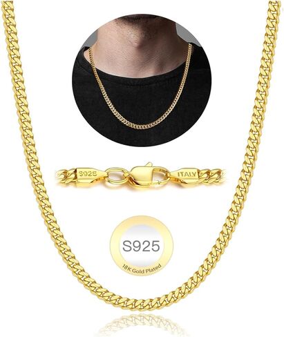 18K Gold Plated Chain Necklace for Men, 4mm Men's Gold Chain Necklace, Mens Cuban Link Chain Necklace, Chains for Men, 16 Inch in Saudi Arabia