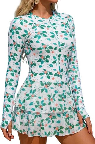 SEAUE Women's Long Sleeve Floral Swim Dress Rash Guard One Piece Skirted Bathing Suit UPF 50+ with Thumb Holes in Saudi Arabia