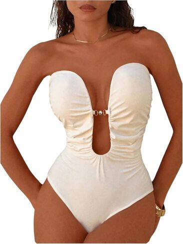 MakeMeChic Women's Strapless One Piece Swimsuit Deep V Neck Ruched Bandeau Bathing Suit in Saudi Arabia