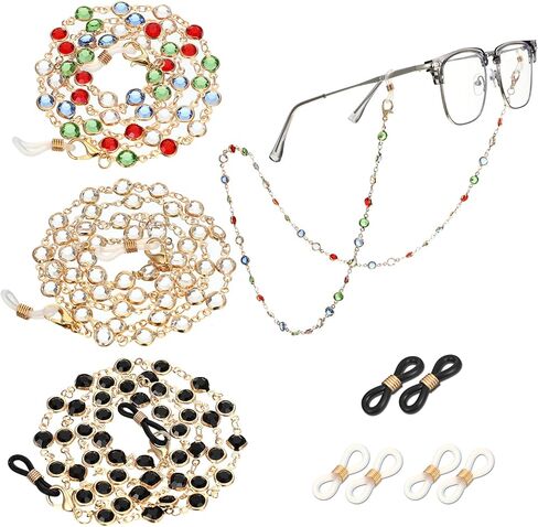 Ouligay 3 قطع كريستال مطرز النظارات سلسلة النظارات الذهبية للنساء والفتيات الخرز النظارات أصحاب حول الرقبة سلاسل النظارات للنساء حزام القراءة الحبل in Kuwait