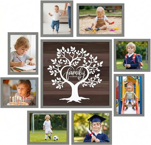 Lyeasw Family Tree Picture Frame Collage Gray 9 Pack, 8 Separate 5x7 Frames with a 12x12 Pre-Designed Tree Frame for Gallery Wall Decor & Family Gifts in Kuwait