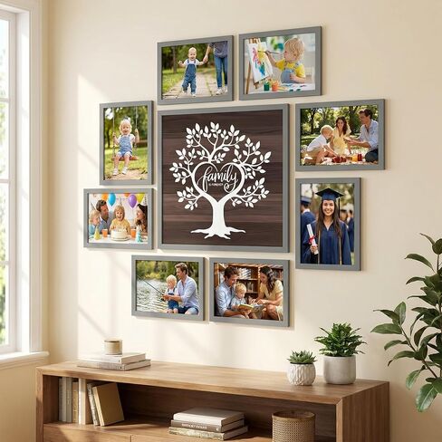 Lyeasw Family Tree Picture Frame Collage Gray 9 Pack, 8 Separate 5x7 Frames with a 12x12 Pre-Designed Tree Frame for Gallery Wall Decor & Family Gifts in Kuwait