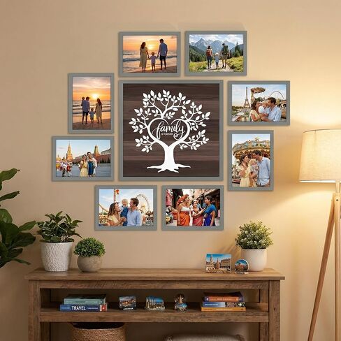 Lyeasw Family Tree Picture Frame Collage Gray 9 Pack, 8 Separate 5x7 Frames with a 12x12 Pre-Designed Tree Frame for Gallery Wall Decor & Family Gifts in Kuwait