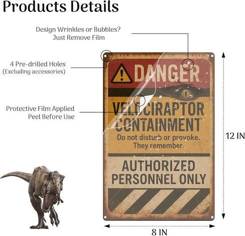 Dinosaur Park Velociraptor Warning Door Sign Authorized Personnel Only Dinosaur Park Movie Memorabilia Style Aluminum Plaque for Door Pet Cage Game Room in Saudi Arabia