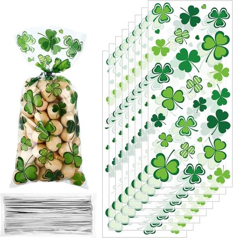 100 Pcs St. Patrick's Day Cellophane Treat Bags Irish Lucky Shamrock Plastic Candy Bags Goodie Favor Bags with 100 Twist Ties for Saint Patrick Day Party Accessories (Green Twist Tie,Stylish Pattern) in Saudi Arabia