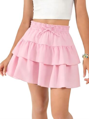 Haloumoning Girls Ruffle Tiered Mini Skirt Kids Drawstring High Waist Flowy Tennis Golf Skorts 5-14 Years in Kuwait