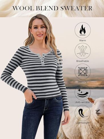 Womens Lightweight Striped Sweater Long Sleeve Round Neck Button Down Henley Knit Pullover Tops Slim Fit Layers in Saudi Arabia