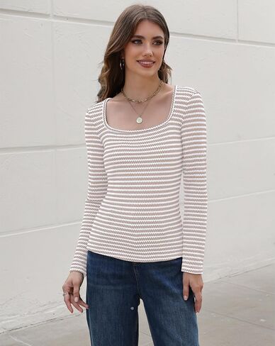 IWD Womens Striped Long Sleeve Shirts Slim Fit Square Neck Tops 2026 Spring Lightweight Knit Pullover Sweater in Saudi Arabia