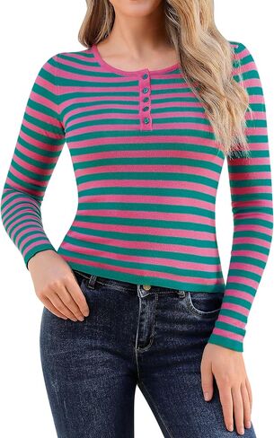 Womens Lightweight Striped Sweater Long Sleeve Round Neck Button Down Henley Knit Pullover Tops Slim Fit Layers in Saudi Arabia