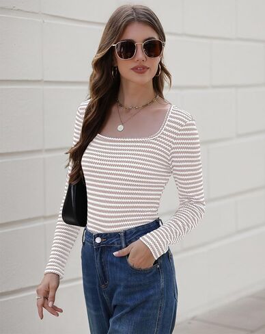 IWD Womens Striped Long Sleeve Shirts Slim Fit Square Neck Tops 2026 Spring Lightweight Knit Pullover Sweater in Saudi Arabia