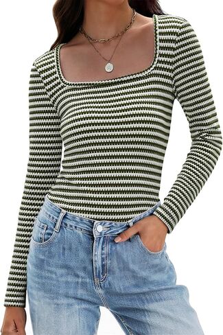 IWD Womens Striped Long Sleeve Shirts Slim Fit Square Neck Tops 2026 Spring Lightweight Knit Pullover Sweater in Saudi Arabia