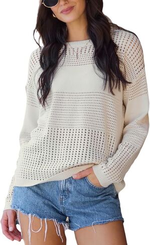 CUPSHE Women's Fall Lightweight Oversized Crew Neck Pullover Crochet Hollow Out Long Sleeve Sweater Top in Saudi Arabia