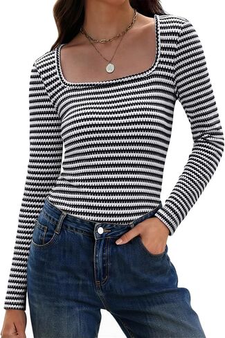 IWD Womens Striped Long Sleeve Shirts Slim Fit Square Neck Tops 2026 Spring Lightweight Knit Pullover Sweater in Saudi Arabia
