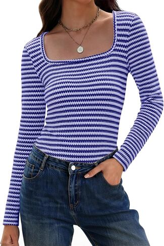 IWD Womens Striped Long Sleeve Shirts Slim Fit Square Neck Tops 2026 Spring Lightweight Knit Pullover Sweater in Saudi Arabia
