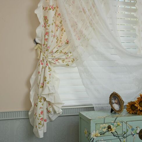 Double Layer Ruffle Curtains for Bedroom Girls Room Sheer Overlay with Tiebacks Cute Vintage Farmhouse French Country Pastoral Floral 2 Panels (61" W x 78" L (Pack of 2)) in Saudi Arabia