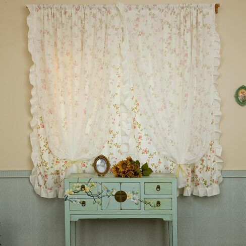 Double Layer Ruffle Curtains for Bedroom Girls Room Sheer Overlay with Tiebacks Cute Vintage Farmhouse French Country Pastoral Floral 2 Panels (61" W x 78" L (Pack of 2)) in Saudi Arabia