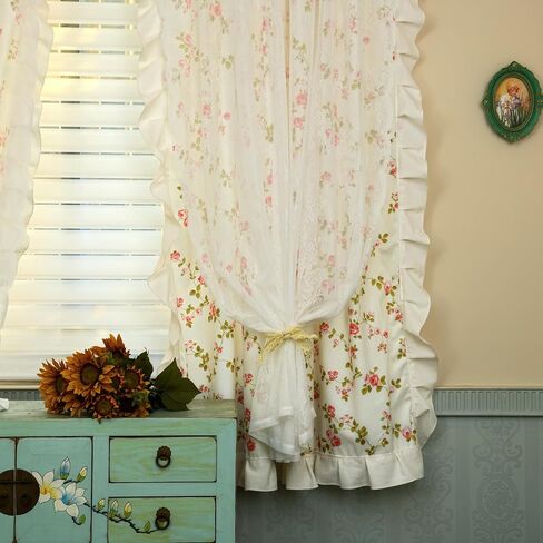 Double Layer Ruffle Curtains for Bedroom Girls Room Sheer Overlay with Tiebacks Cute Vintage Farmhouse French Country Pastoral Floral 2 Panels (61" W x 78" L (Pack of 2)) in Saudi Arabia