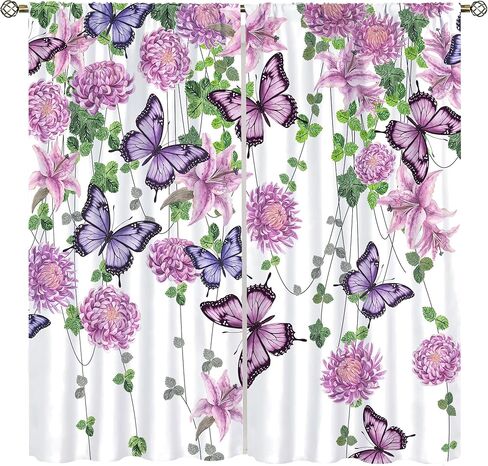 ستائر الفراشة والنباتات الطبيعية والزهور والأقحوان والزنبق الأرجواني علاجات النوافذ للأطفال والبنات وغرفة نوم الحضانة وجيب قضيب النوافذ وباب المعالجة، 42 × 45 بوصة 2 لوح in Kuwait