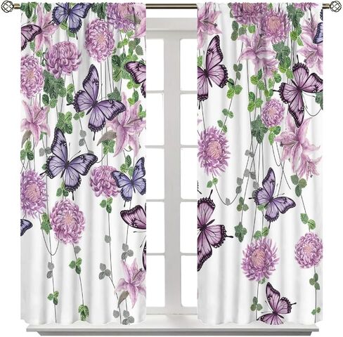 ستائر الفراشة والنباتات الطبيعية والزهور والأقحوان والزنبق الأرجواني علاجات النوافذ للأطفال والبنات وغرفة نوم الحضانة وجيب قضيب النوافذ وباب المعالجة، 42 × 45 بوصة 2 لوح in Kuwait