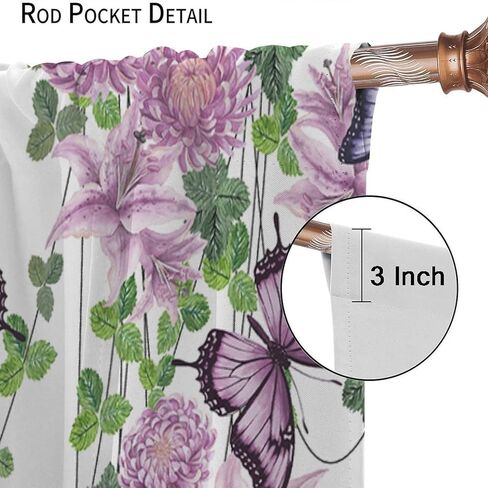 ستائر الفراشة والنباتات الطبيعية والزهور والأقحوان والزنبق الأرجواني علاجات النوافذ للأطفال والبنات وغرفة نوم الحضانة وجيب قضيب النوافذ وباب المعالجة، 42 × 45 بوصة 2 لوح in Kuwait