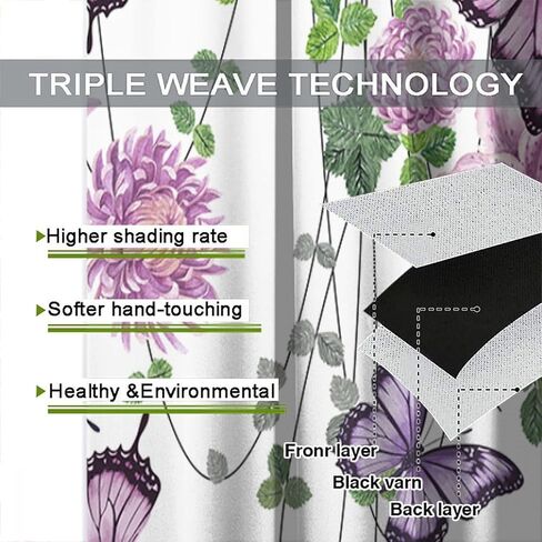 ستائر الفراشة والنباتات الطبيعية والزهور والأقحوان والزنبق الأرجواني علاجات النوافذ للأطفال والبنات وغرفة نوم الحضانة وجيب قضيب النوافذ وباب المعالجة، 42 × 45 بوصة 2 لوح in Kuwait