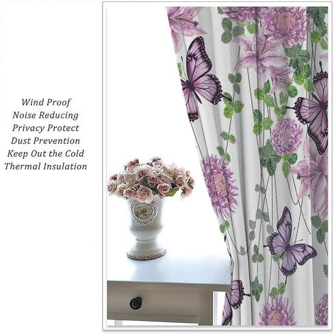 ستائر الفراشة والنباتات الطبيعية والزهور والأقحوان والزنبق الأرجواني علاجات النوافذ للأطفال والبنات وغرفة نوم الحضانة وجيب قضيب النوافذ وباب المعالجة، 42 × 45 بوصة 2 لوح in Kuwait